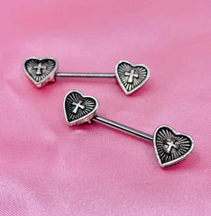 Pair of 14G Antique Silver Heart Cross Centered Nipple Barbell. Nipple Jewelry. Nipple Piercing.