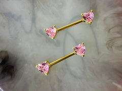 Pair of 14G Gold Pink Heart Nipple Barbells. Nipple Piercing. Nipple Rings. Nipple Jewelry. Body Jewelry. Heart Nipple Ring