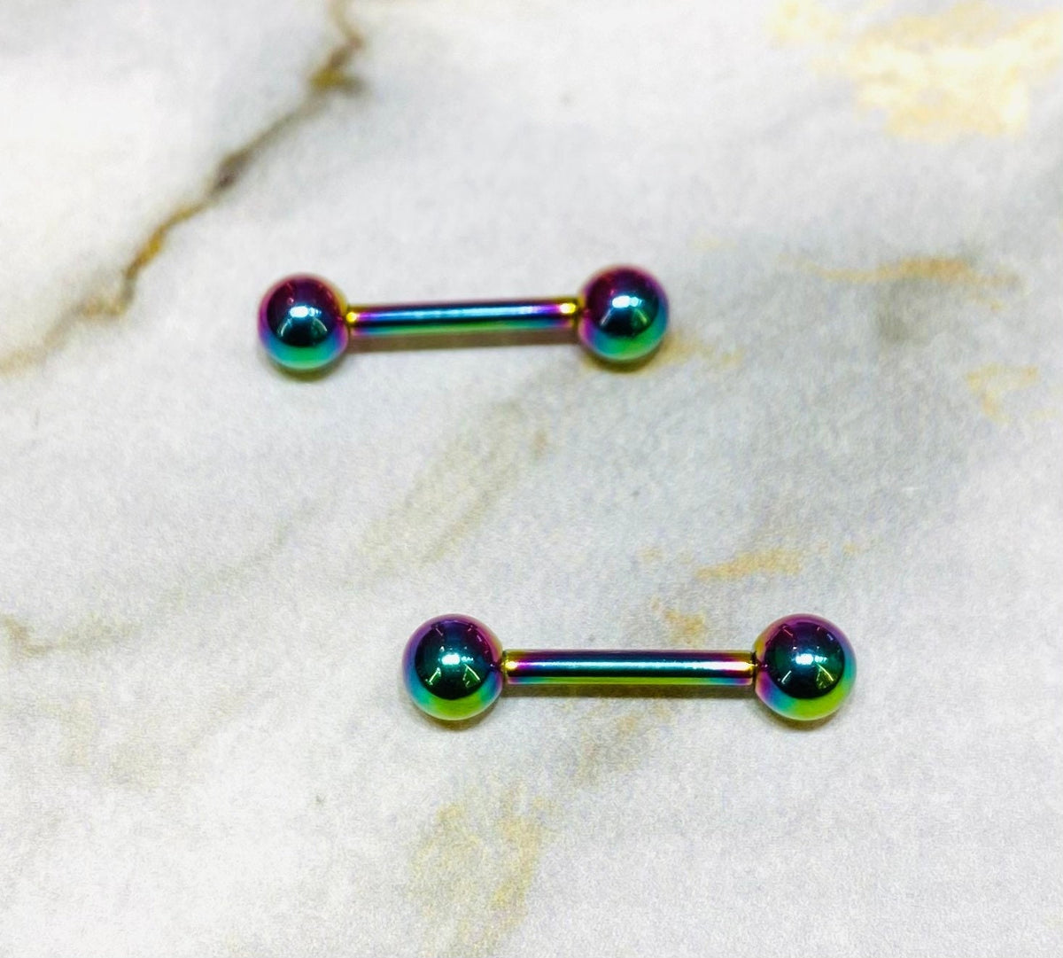 Pair of 14G Internally Threaded Implant Grade Titanium Rainbow 12mm & 16mm Nipple Barbells. Nipple Rings. Nipple Jewelry. Nipple Piercing.