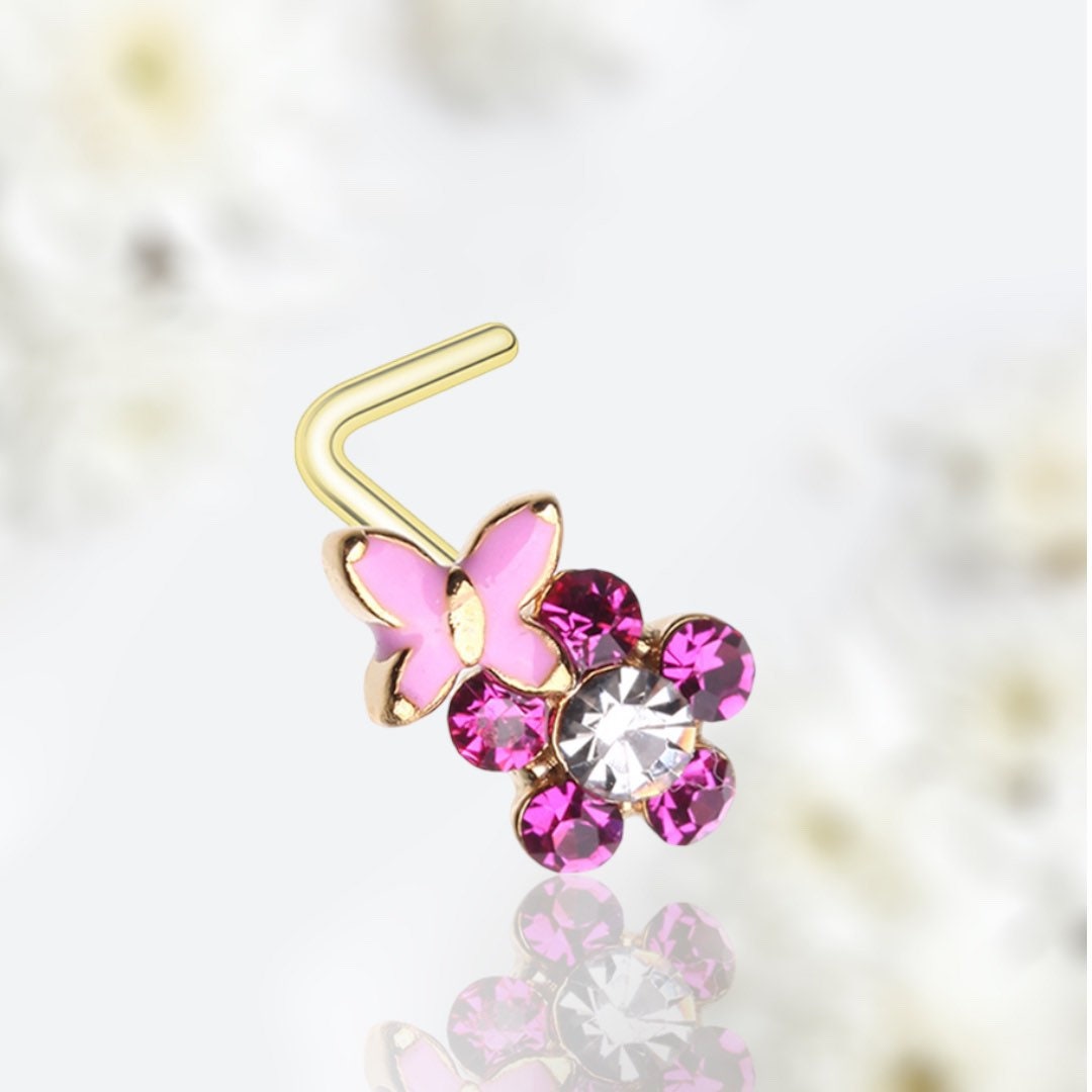 20G Gold Pink Butterfly on Flower L Shape Nose Stud