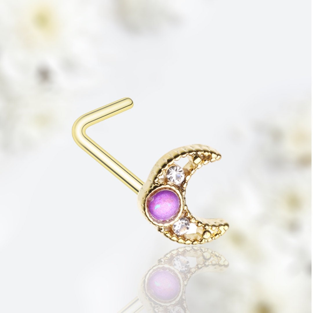 20G Gold Pink Opal Crescent Moon L Shape Nose Stud