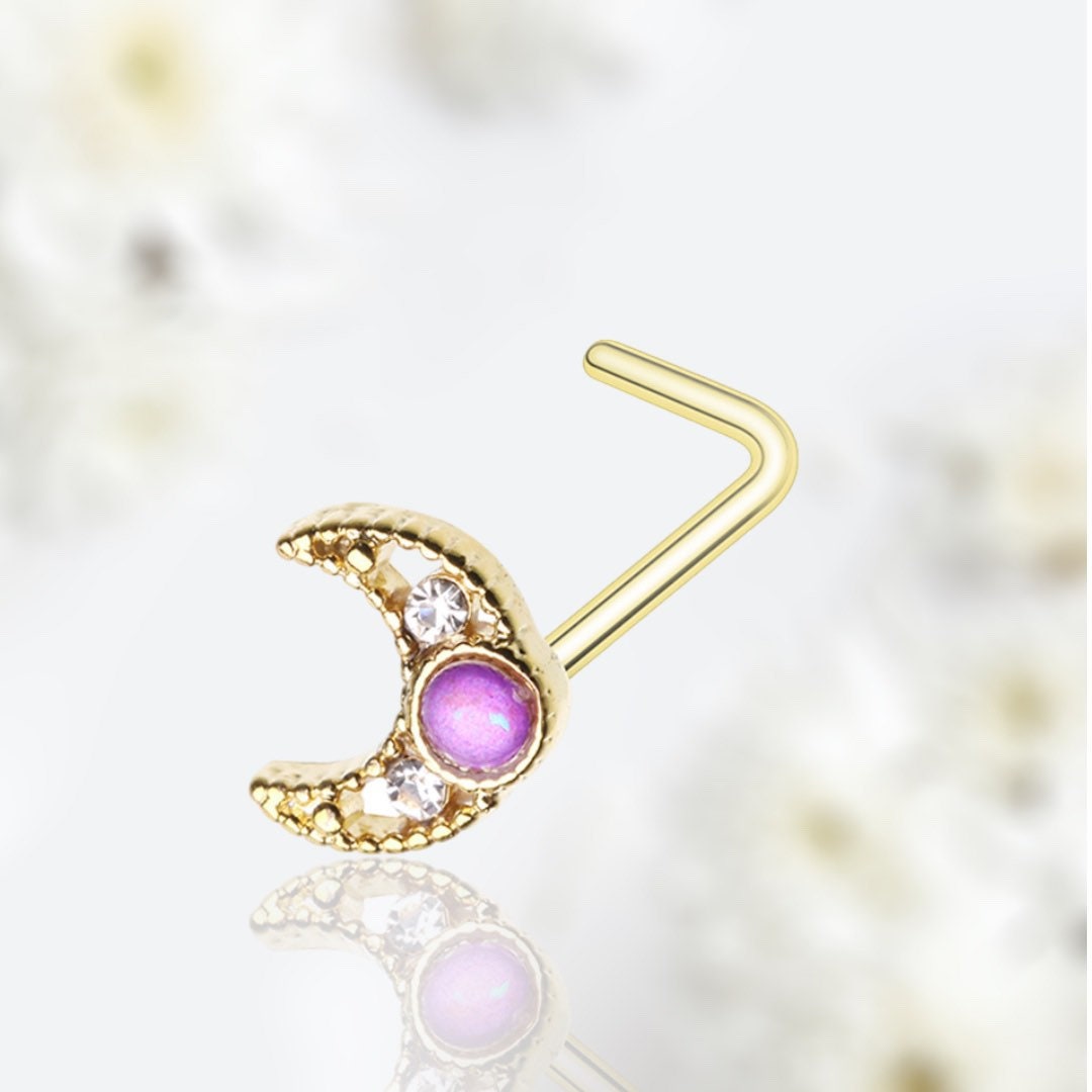 20G Gold Pink Opal Crescent Moon L Shape Nose Stud