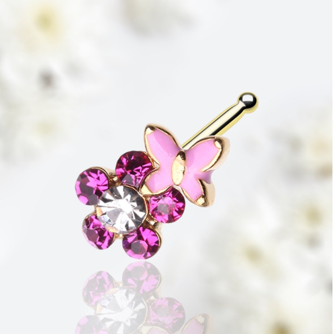 20G Gold Pink Butterfly Flower Nose Stud. Nose Piercing. Nose Jewelry