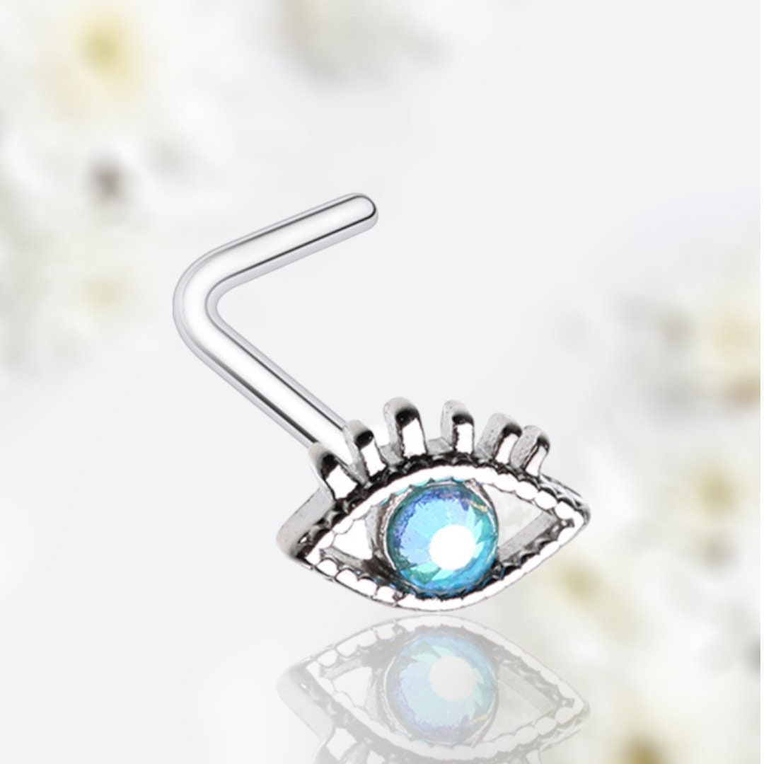 20G Silver Blue Gem Evil Eye L Shape Nose Stud