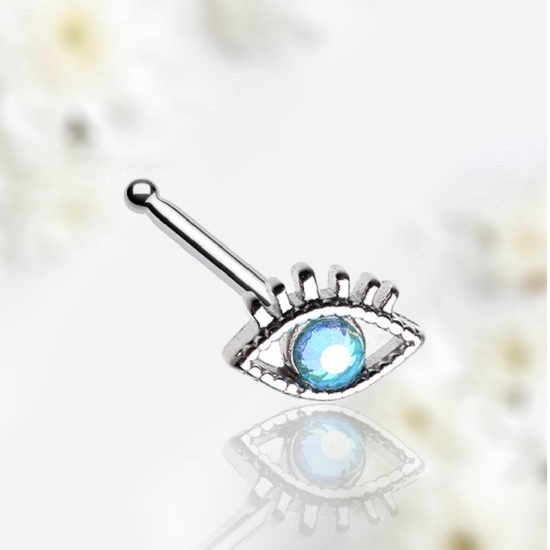 20G Silver Blue Gem Evil Eye Nose Stud