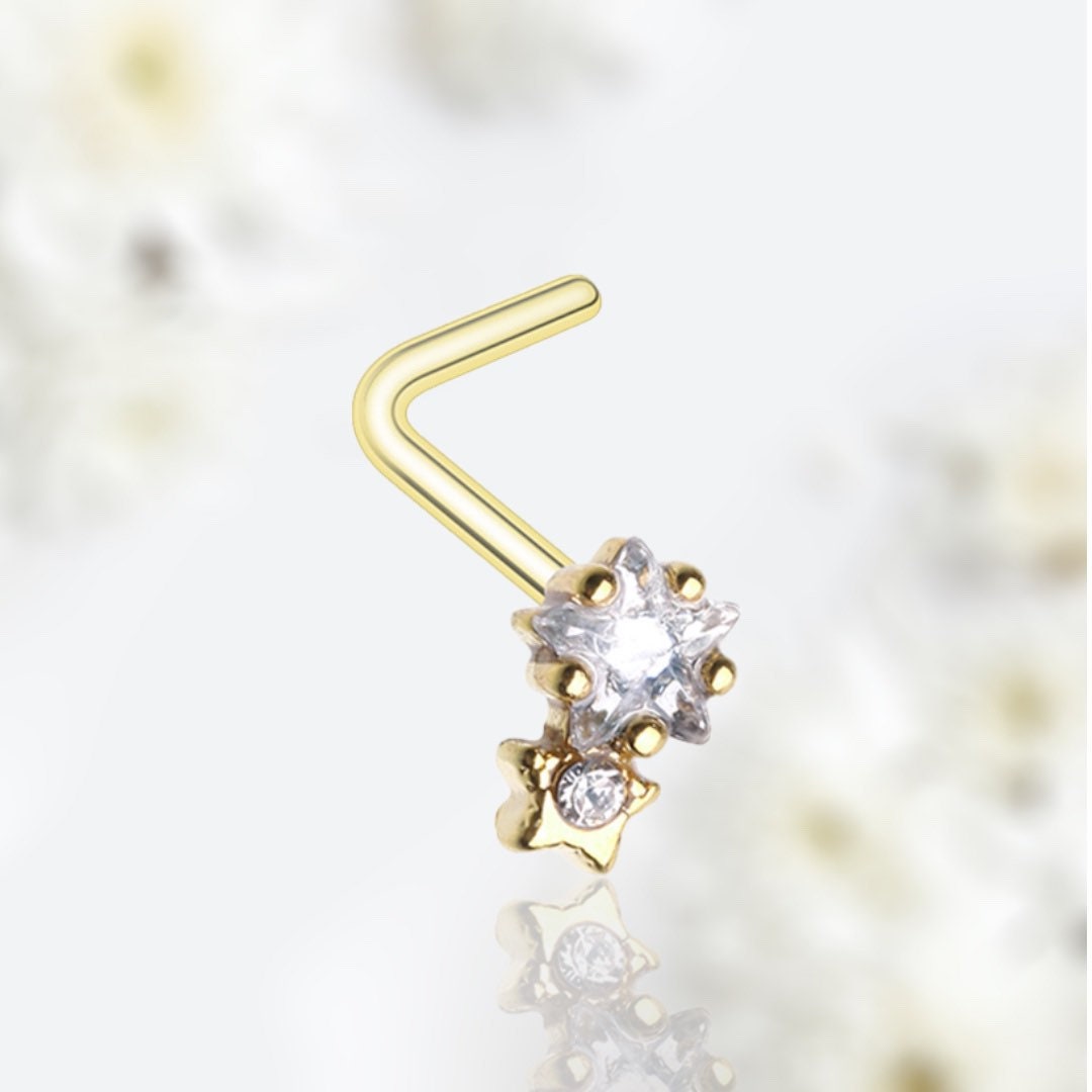 20G Gold Twinkle Star Clear Gem L Shape Nose Stud