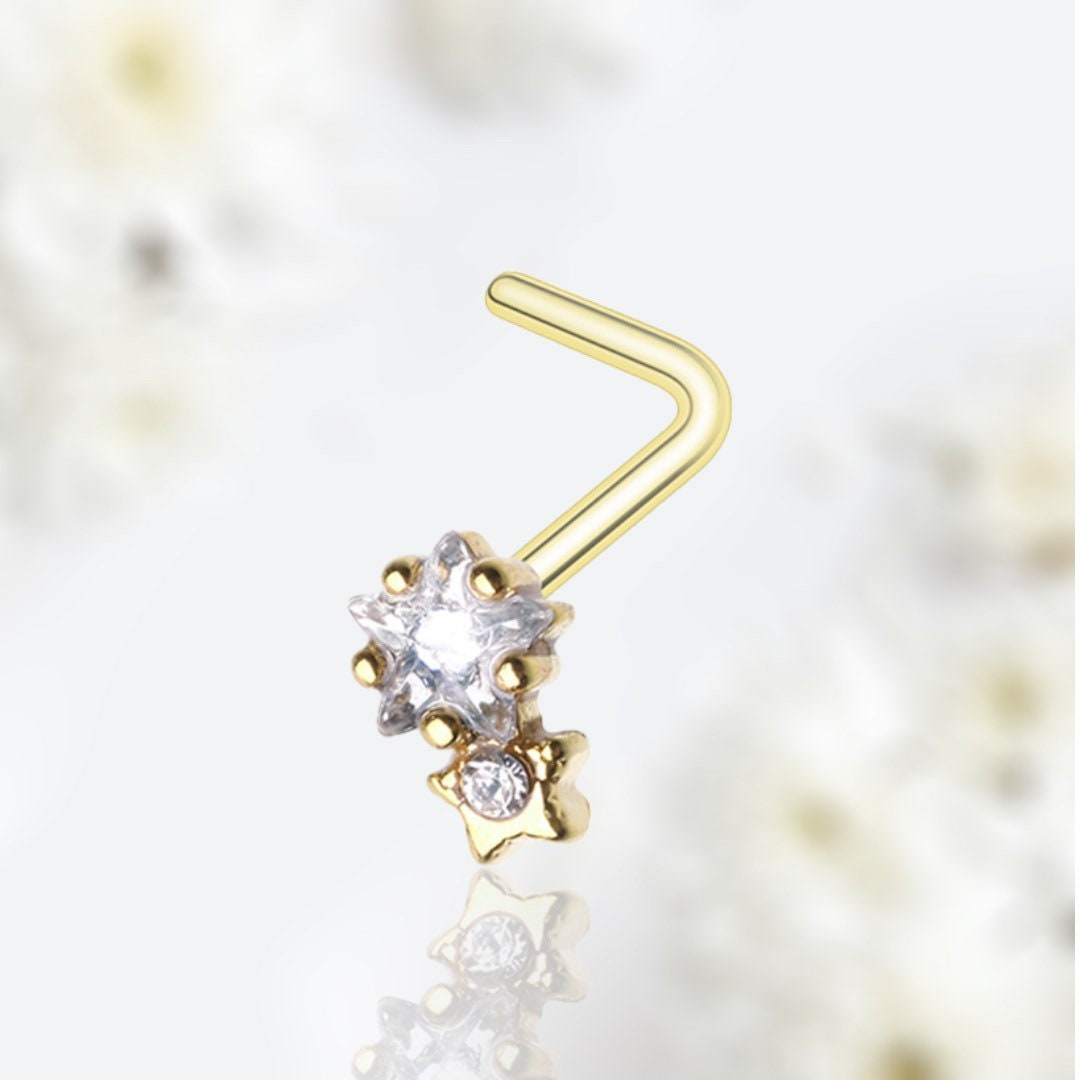 20G Gold Twinkle Star Clear Gem L Shape Nose Stud