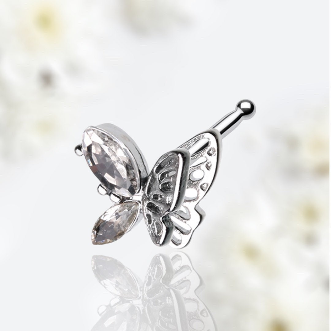 20G Silver Sparkling Clear Gem Flutter Butterfly Nose Stud