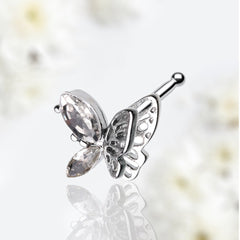 20G Silver Sparkling Clear Gem Flutter Butterfly Nose Stud