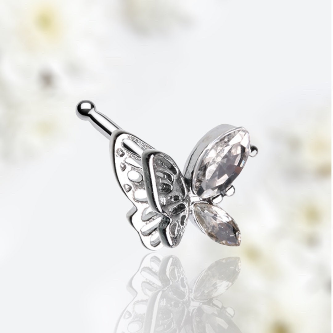 20G Silver Sparkling Clear Gem Flutter Butterfly Nose Stud