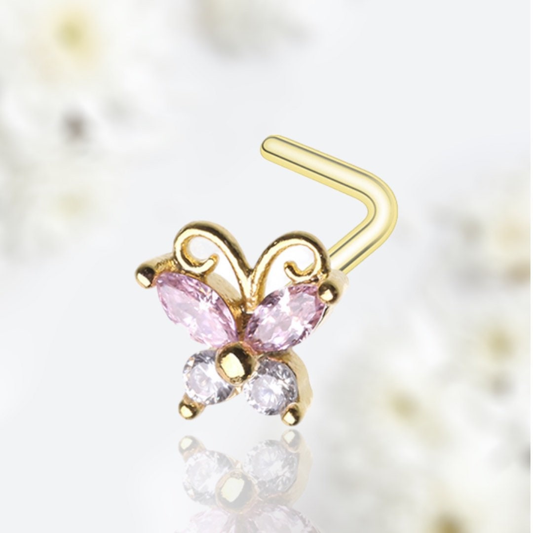 20G Gold Sparkling Pink Clear Gem Butterfly L Shape Nose Stud