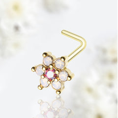 20G Gold Sparkling Rose Pink Flower L Shape Nose Stud