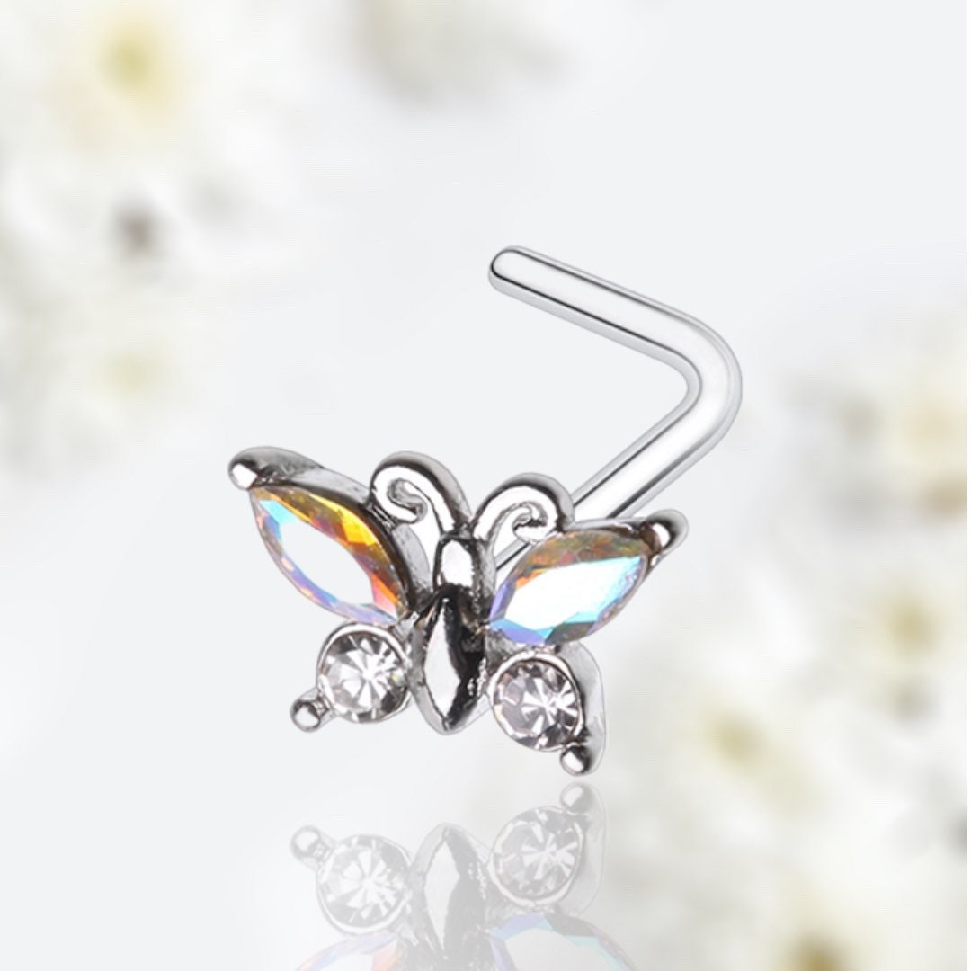 20G Silver Sparkling Iridescent Gem Butterfly L Shape Nose Stud