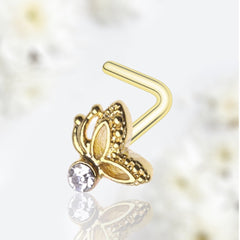 20G Gold Sparkling Clear Gem Flutter Butterfly L Shape Nose Stud