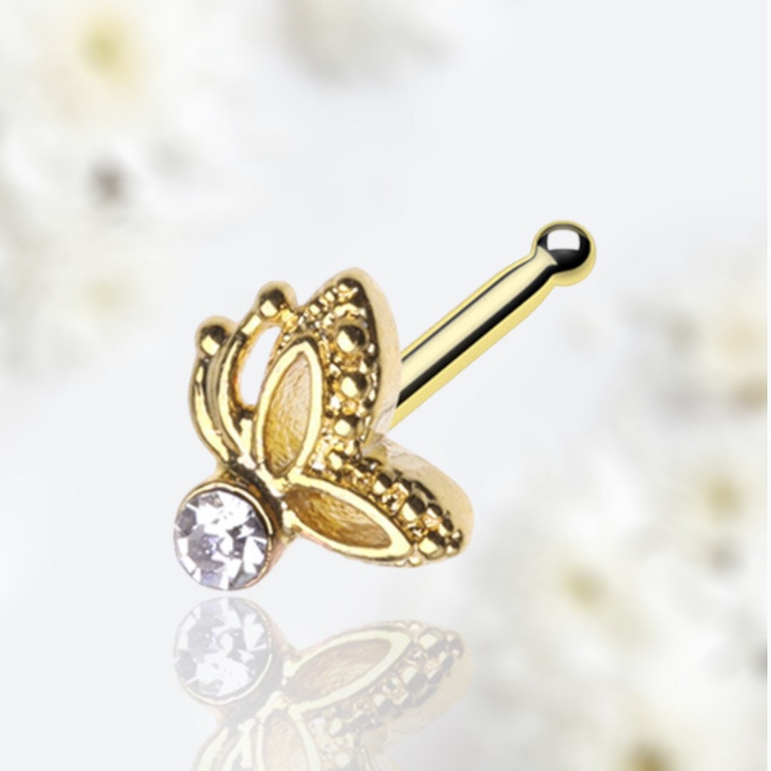 20G Gold Sparkling Clear Gem Flutter Butterfly Nose Stud