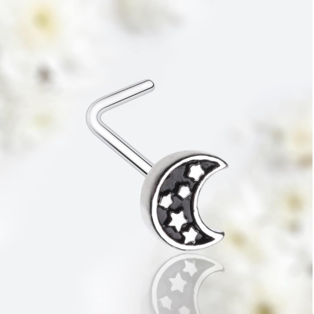 20G Silver Midnight Moon & Stars L Shape Nose Stud