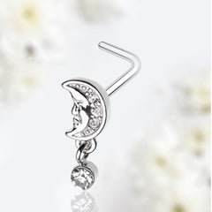 20G Silver Crescent Moon Dangling Gem L Shape Nose Stud