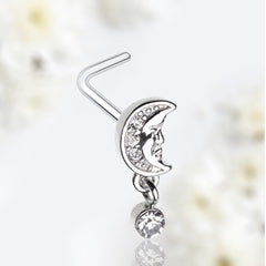 20G Silver Crescent Moon Dangling Gem L Shape Nose Stud