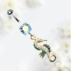 14G Gold Sparkling Multicolor Gem Seahorse Belly Button Ring