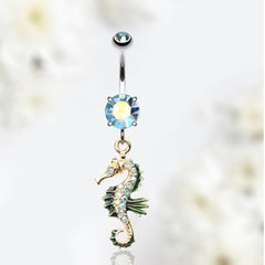 14G Gold Sparkling Multicolor Gem Seahorse Belly Button Ring