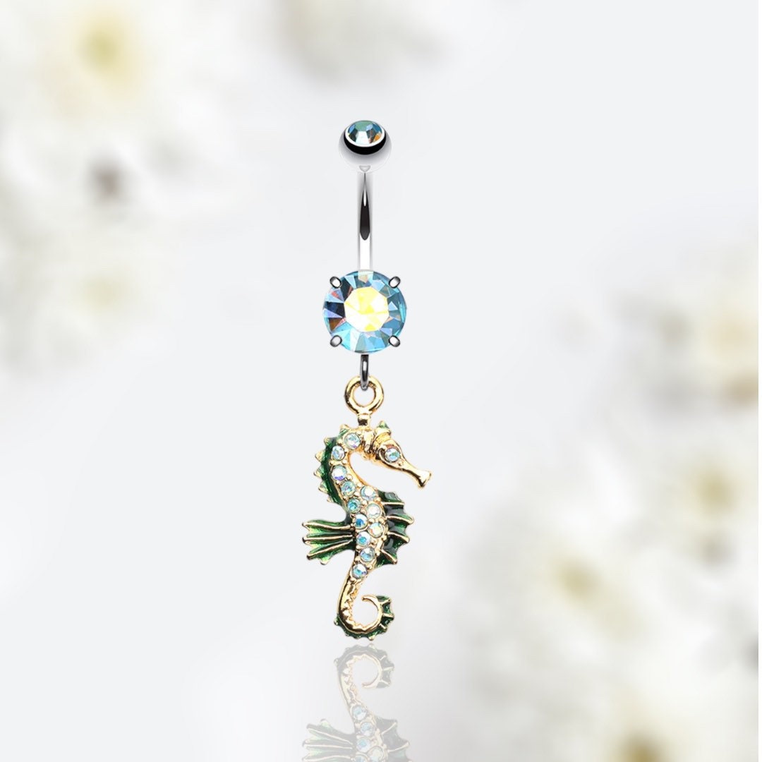 14G Gold Sparkling Multicolor Gem Seahorse Belly Button Ring