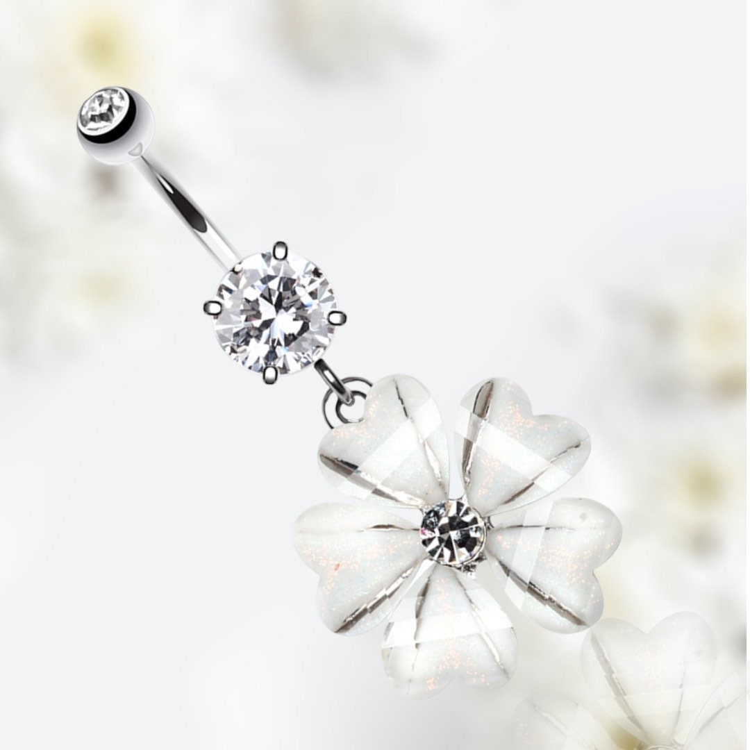 14G Silver Clear Gem Heart Petals Belly Button Ring