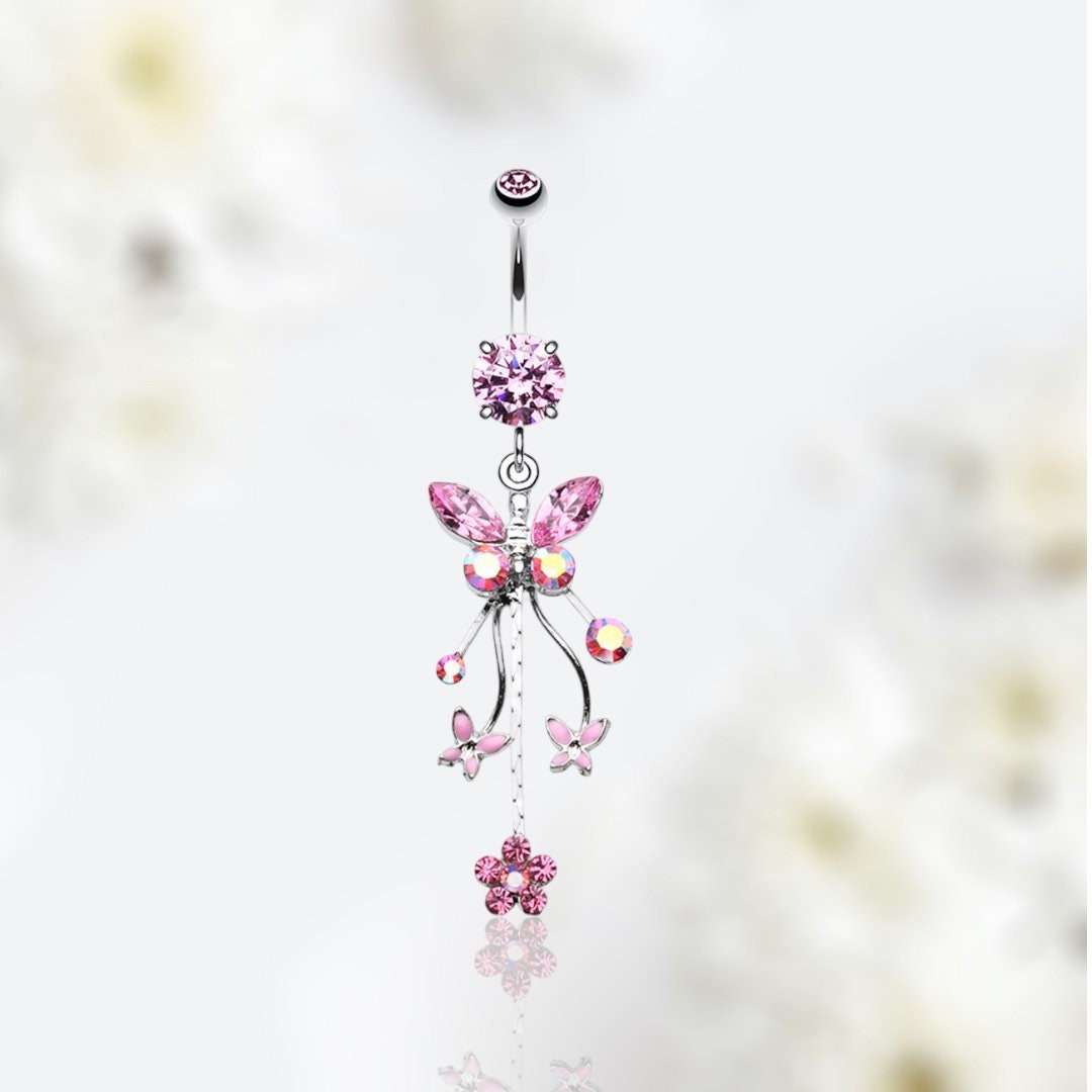 14G Silver Pink Gem Dangling Butterfly and Flowers Belly Button Ring