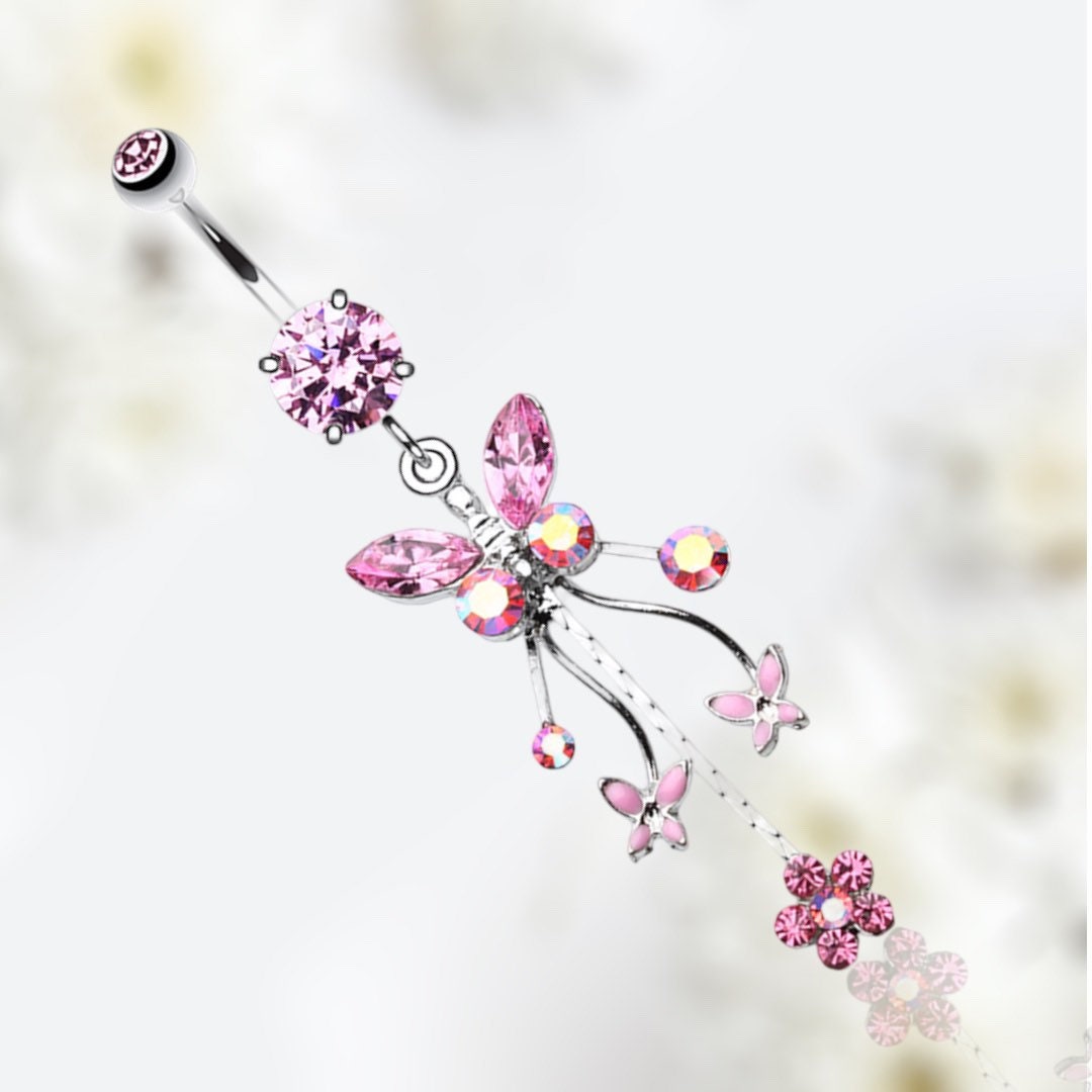 14G Silver Pink Gem Dangling Butterfly and Flowers Belly Button Ring