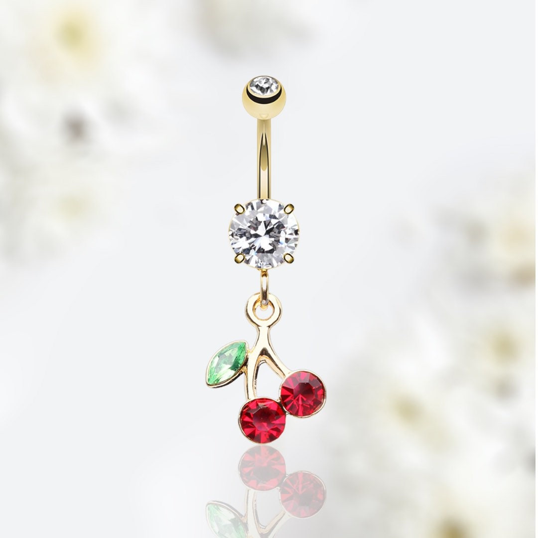 14G Gold Red Gem Dangling Cherry on Top Belly Button Ring