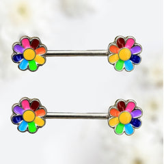 Pair of 14G Silver Rainbow Flower Nipple Barbell