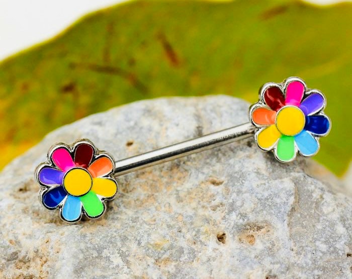 Pair of 14G Silver Rainbow Flower Nipple Barbell