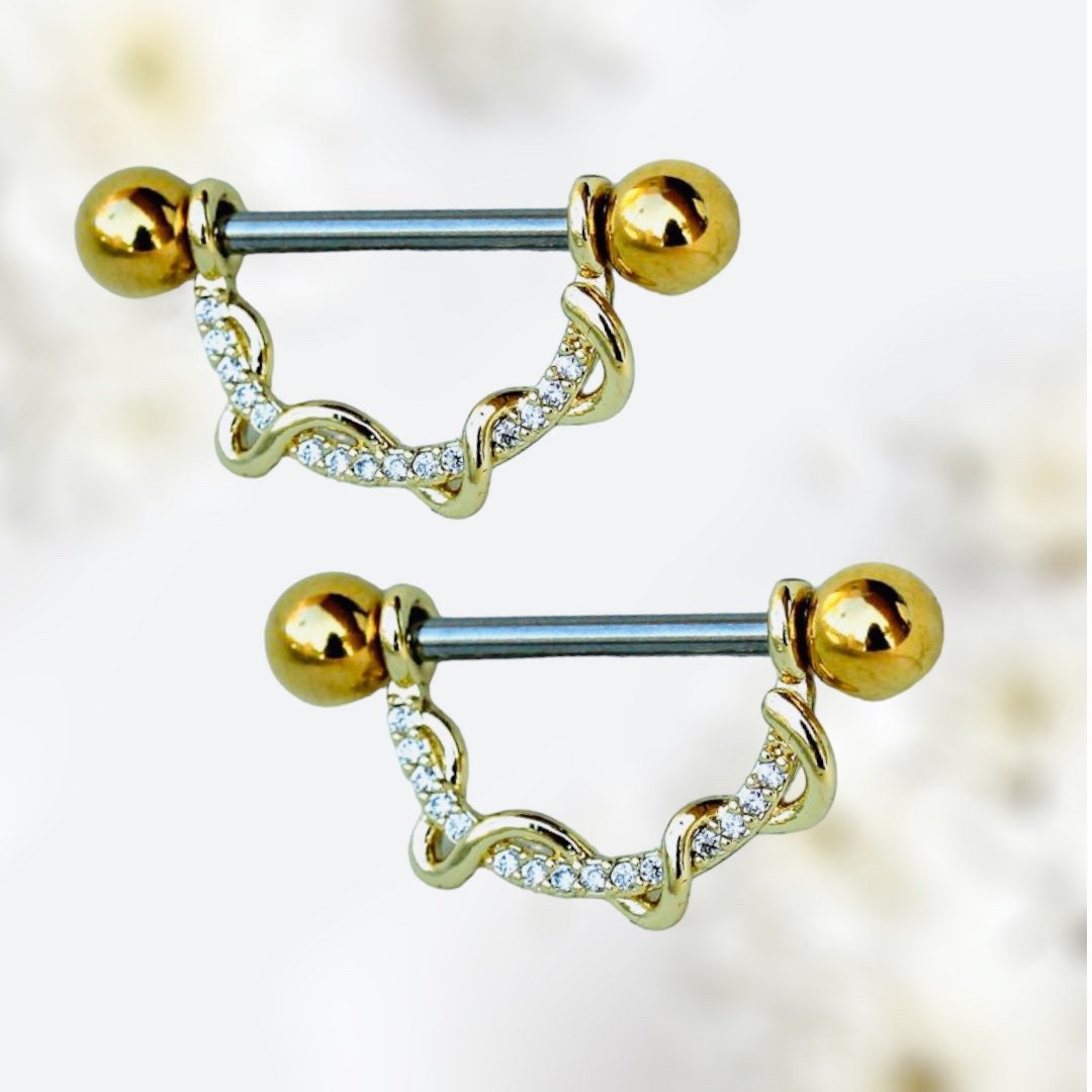 Pair of 14G Gold Sparkling Clear Gem Twisted Vine Nipple Shield