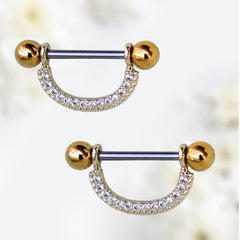 Pair of 14G Gold Dangling Clear Gem Nipple Shield