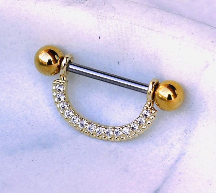 Pair of 14G Gold Dangling Clear Gem Nipple Shield