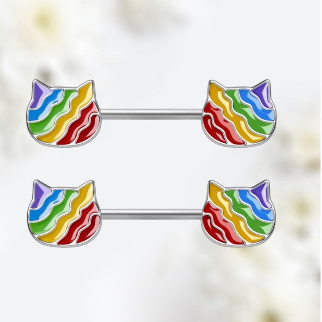 Pair of 14G Silver Rainbow Cat Nipple Barbell