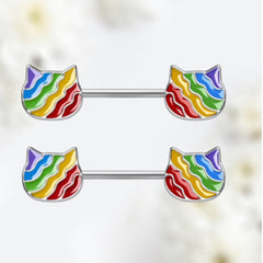 Pair of 14G Silver Rainbow Cat Nipple Barbell