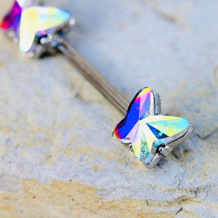 Pair of 14G Silver Multicolor Butterfly Nipple Barbell