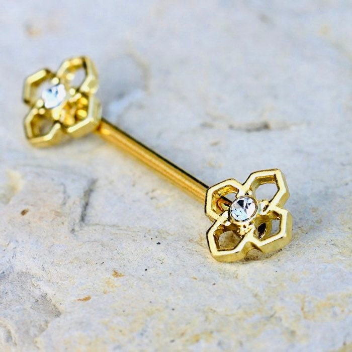 Pair of 14G Gold Pinwheel Flower Nipple Barbell