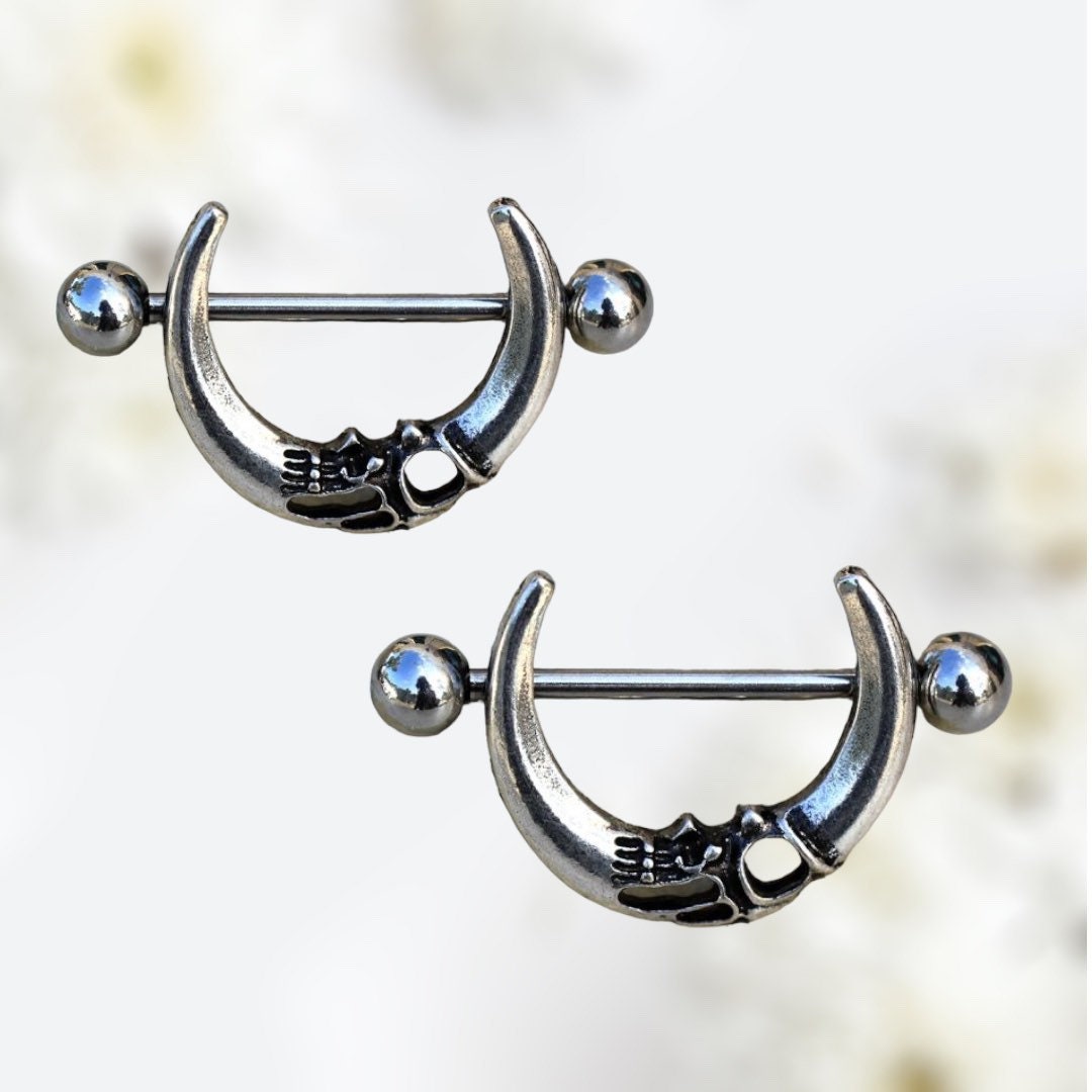 Pair of 14G Silver Gothic Crescent Moon Nipple Shield Barbell