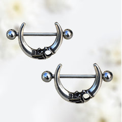 Pair of 14G Silver Gothic Crescent Moon Nipple Shield Barbell