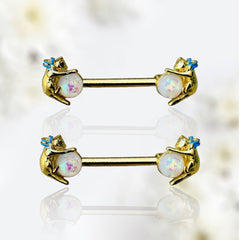 Pair of 14G Gold Cat with White Opal Balls Nipple Barbell