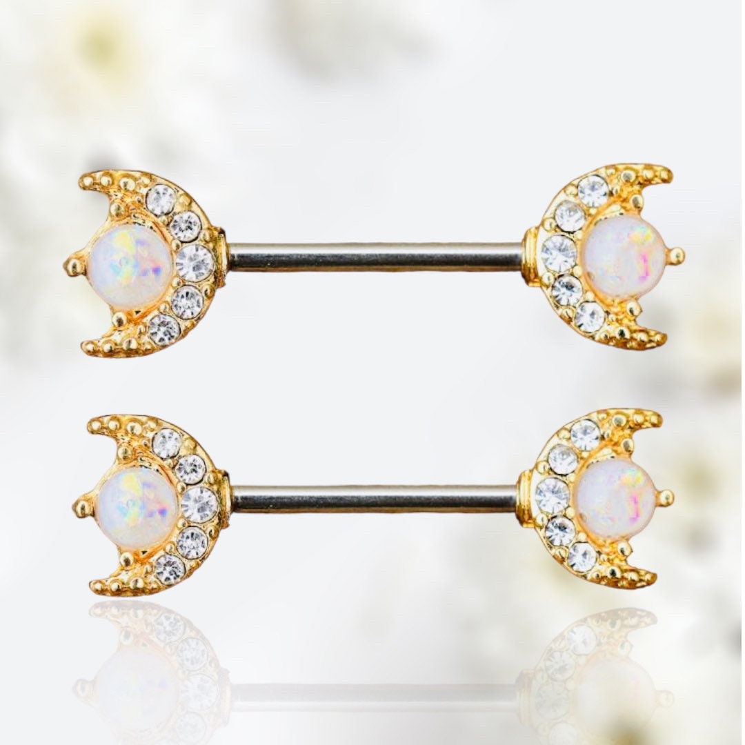 Pair of 14G Gold Clear Gem White Opal Moon Nipple Barbell