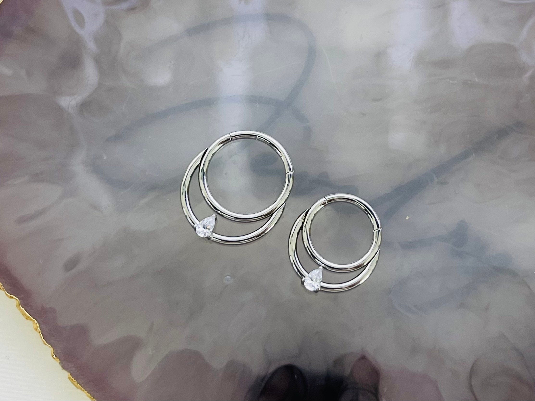 16G Silver Double Hoop with Clear Gem Seamless Hinged Septum Clicker Ring