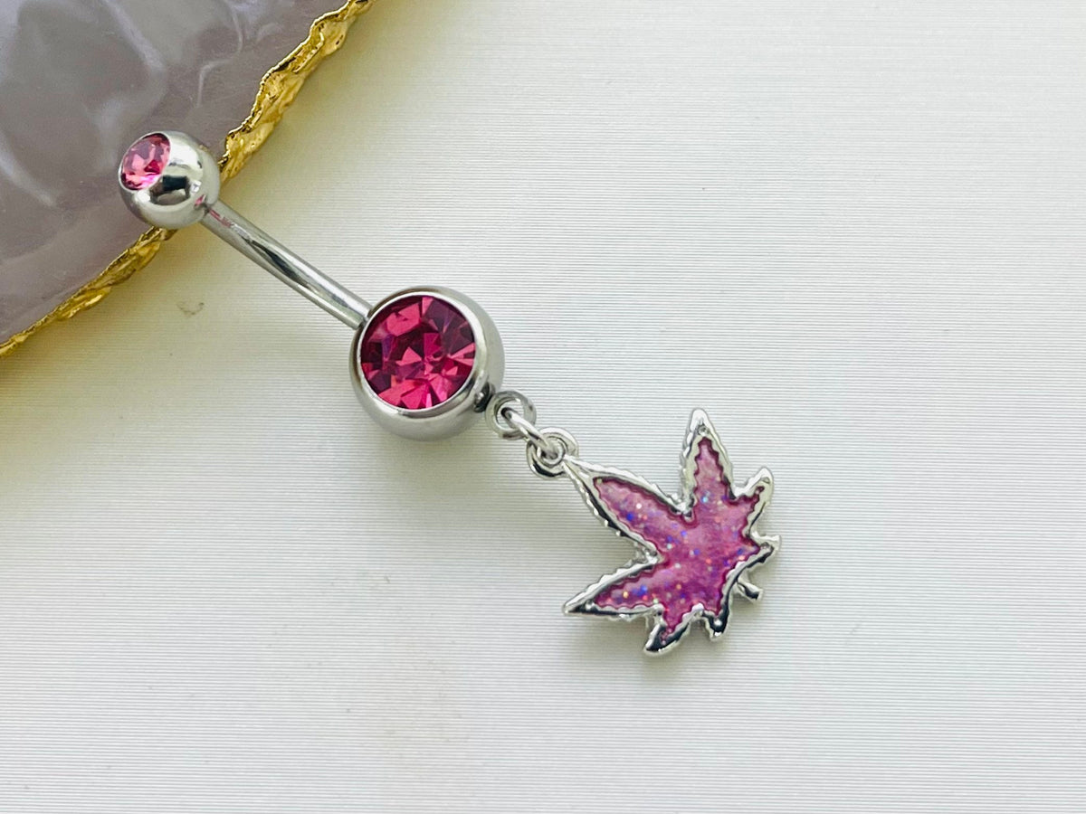 Silver & Pink Glittered Marijuana Dangling Belly Button Ring. Navel Ring. Belly Piercing.