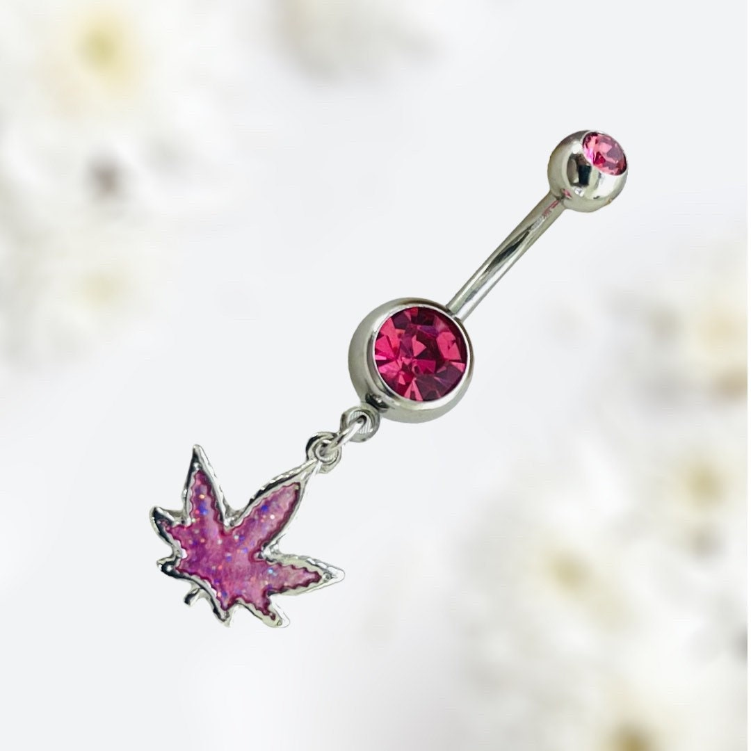 Silver & Pink Glittered Marijuana Dangling Belly Button Ring. Navel Ring. Belly Piercing.