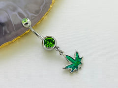 Silver & Green Glittered Marijuana Dangling Belly Button Ring. Navel Ring. Belly Piercing.