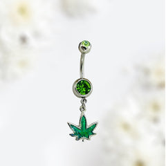 Silver & Green Glittered Marijuana Dangling Belly Button Ring. Navel Ring. Belly Piercing.