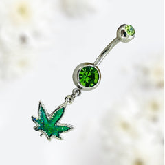 Silver & Green Glittered Marijuana Dangling Belly Button Ring. Navel Ring. Belly Piercing.