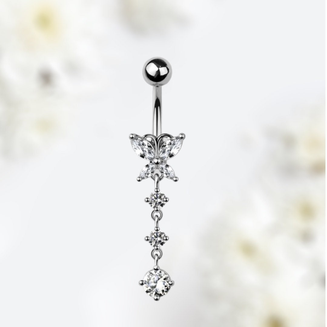 14G Silver Butterfly Dangling Clear Gems Belly Button Ring