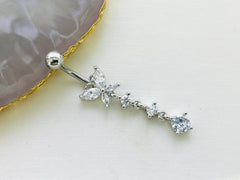 14G Silver Butterfly Dangling Clear Gems Belly Button Ring